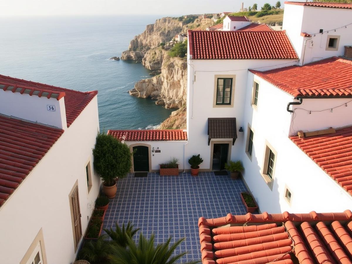 Sample concept Portuguese coastal village residences with terracotta roofs above the Atlantic