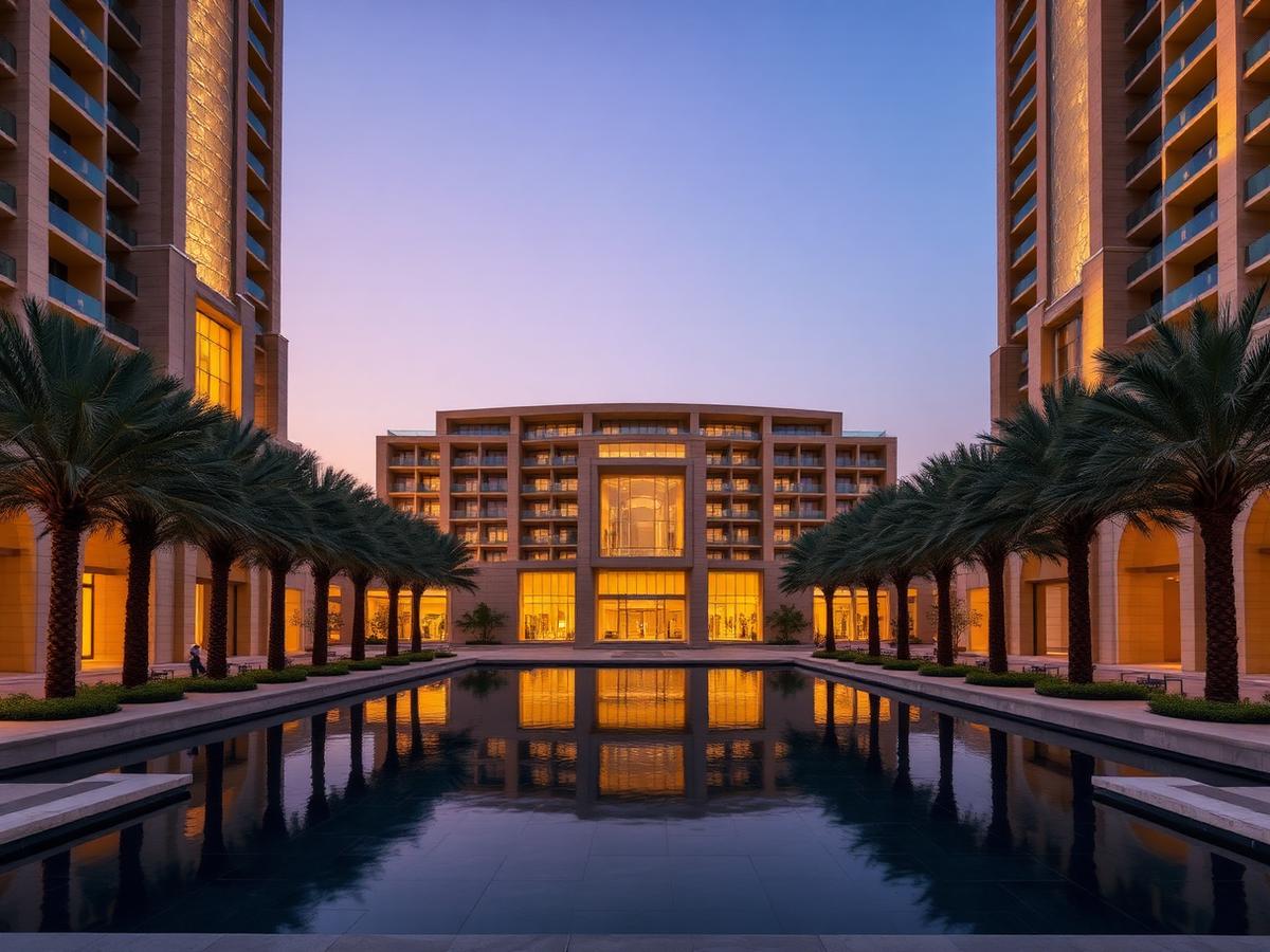 Sample concept waterfront senior residence tower with palm-lined reflecting pool at dusk