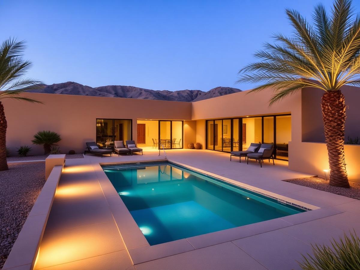 Sample concept desert-modern active adult residence with a courtyard pool at dusk