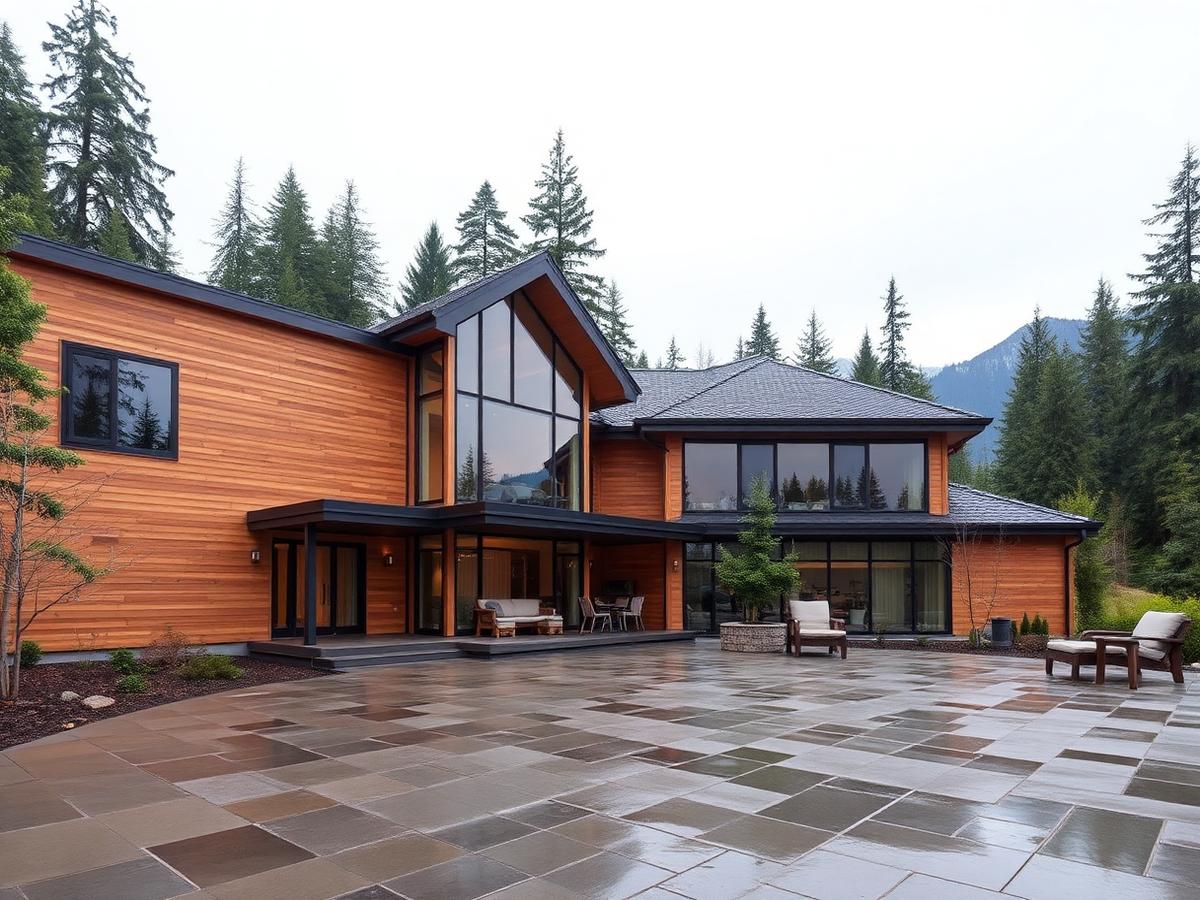 Sample concept cedar and glass retirement residence surrounded by evergreens