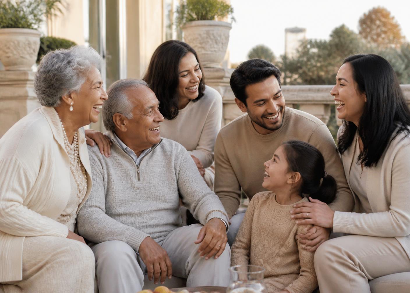 A multigenerational family talking together on a sunlit residence terrace