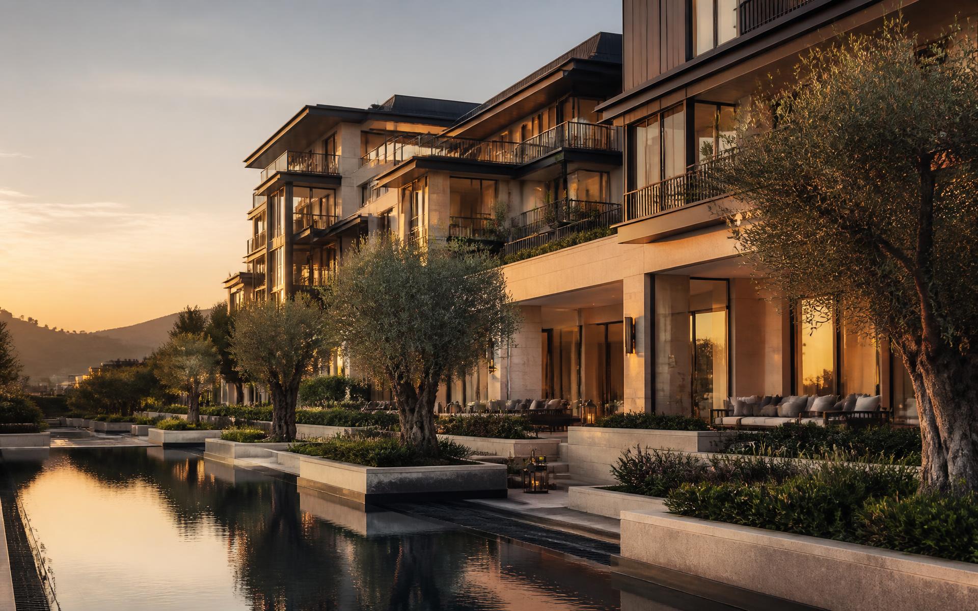 Warm evening light on the terraces of a premium senior living residence