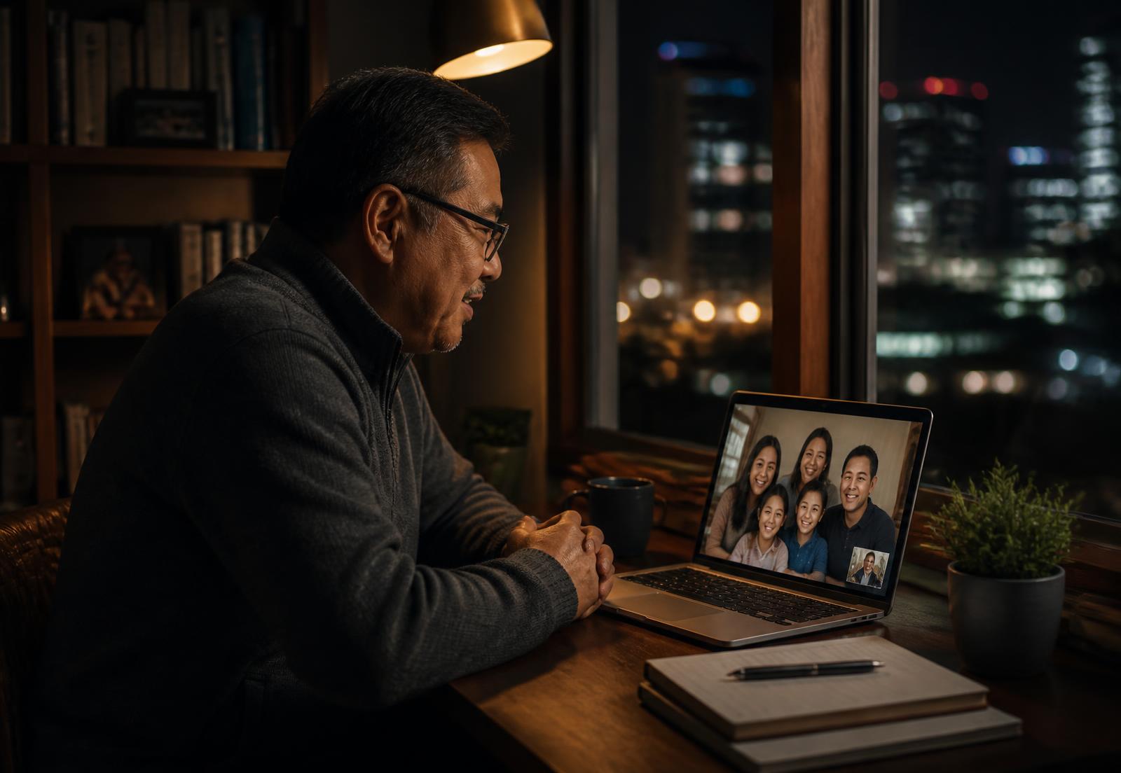 An overseas Filipino joining a late-evening video call with family from a quiet study