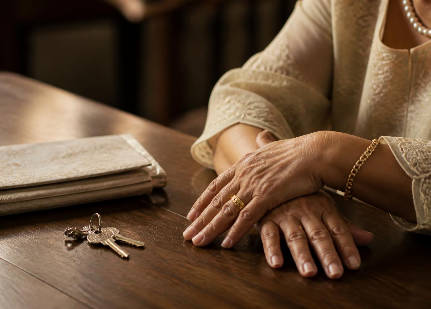 Close detail of a house key and handwritten transition planning notes on a wooden table